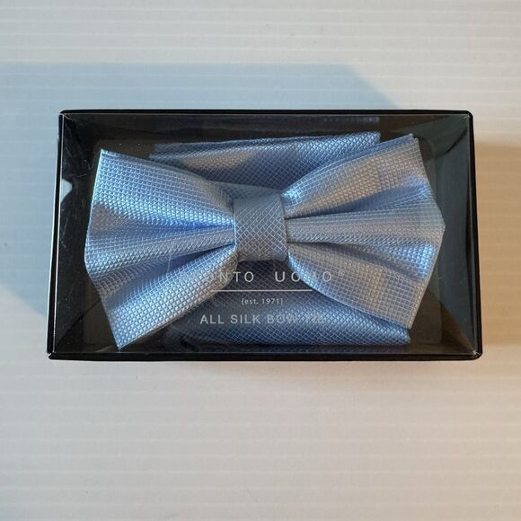 Pronto Uomo Light Blue Silk Bow Tie & Pocket Square Set Formal Wedding - Picture 2 of 9